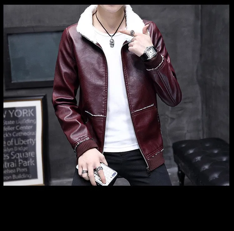 Leather plus fleece jacket male lamb cashmere tide