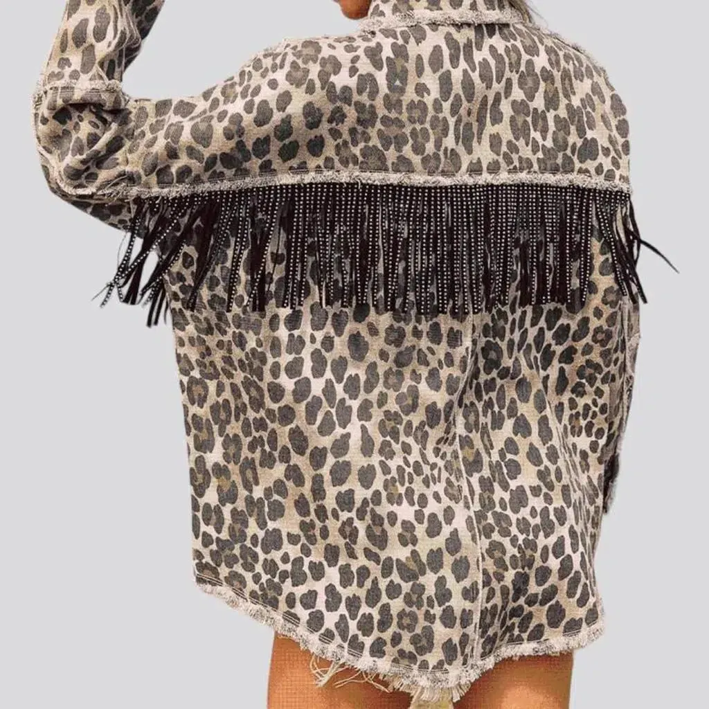 Leopard-print women's denim jacket