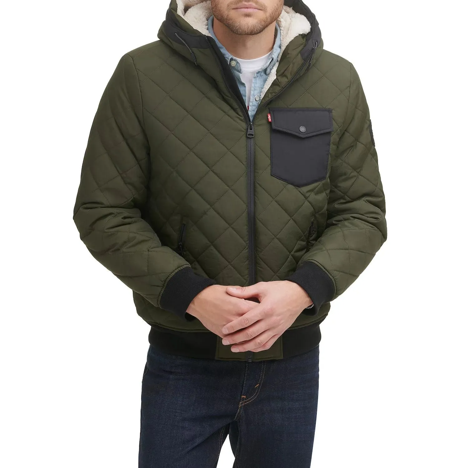 Levi's Men's Sherpa Lined Quilted Bomber Jacket, Dark Green