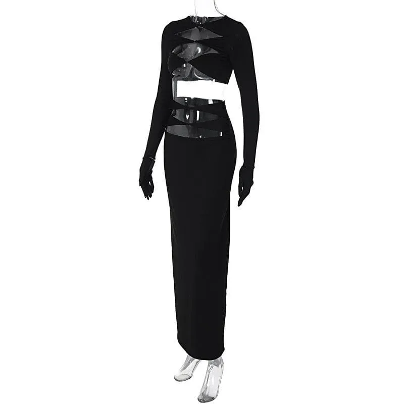 Long sleeve crewneck gloves hollow out solid maxi skirt set