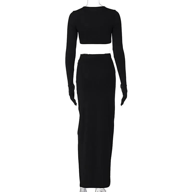 Long sleeve crewneck gloves hollow out solid maxi skirt set