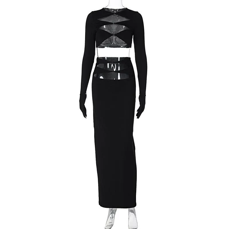 Long sleeve crewneck gloves hollow out solid maxi skirt set