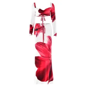 Long sleeve ruched drawstring print slit maxi skirt set