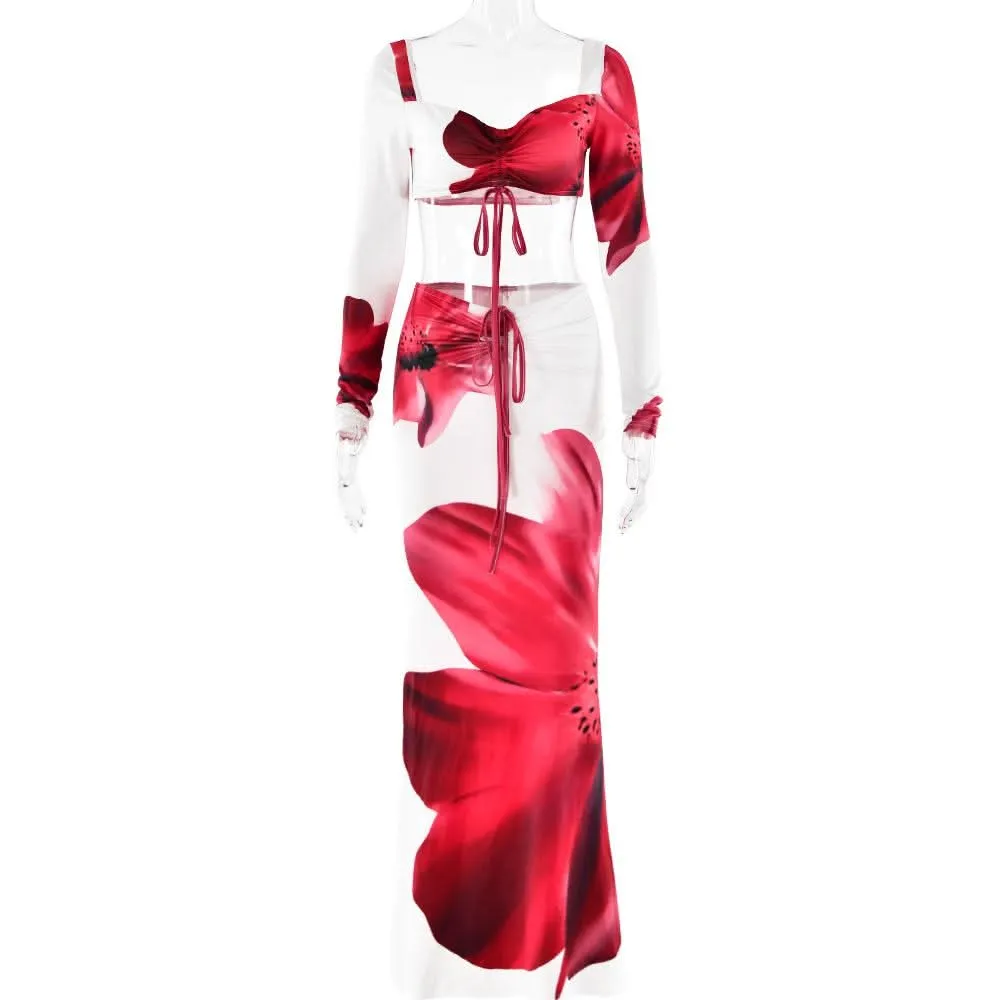 Long sleeve ruched drawstring print slit maxi skirt set