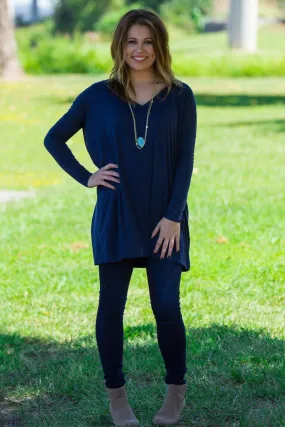 Long Sleeve V-Neck Piko Tunic - Navy