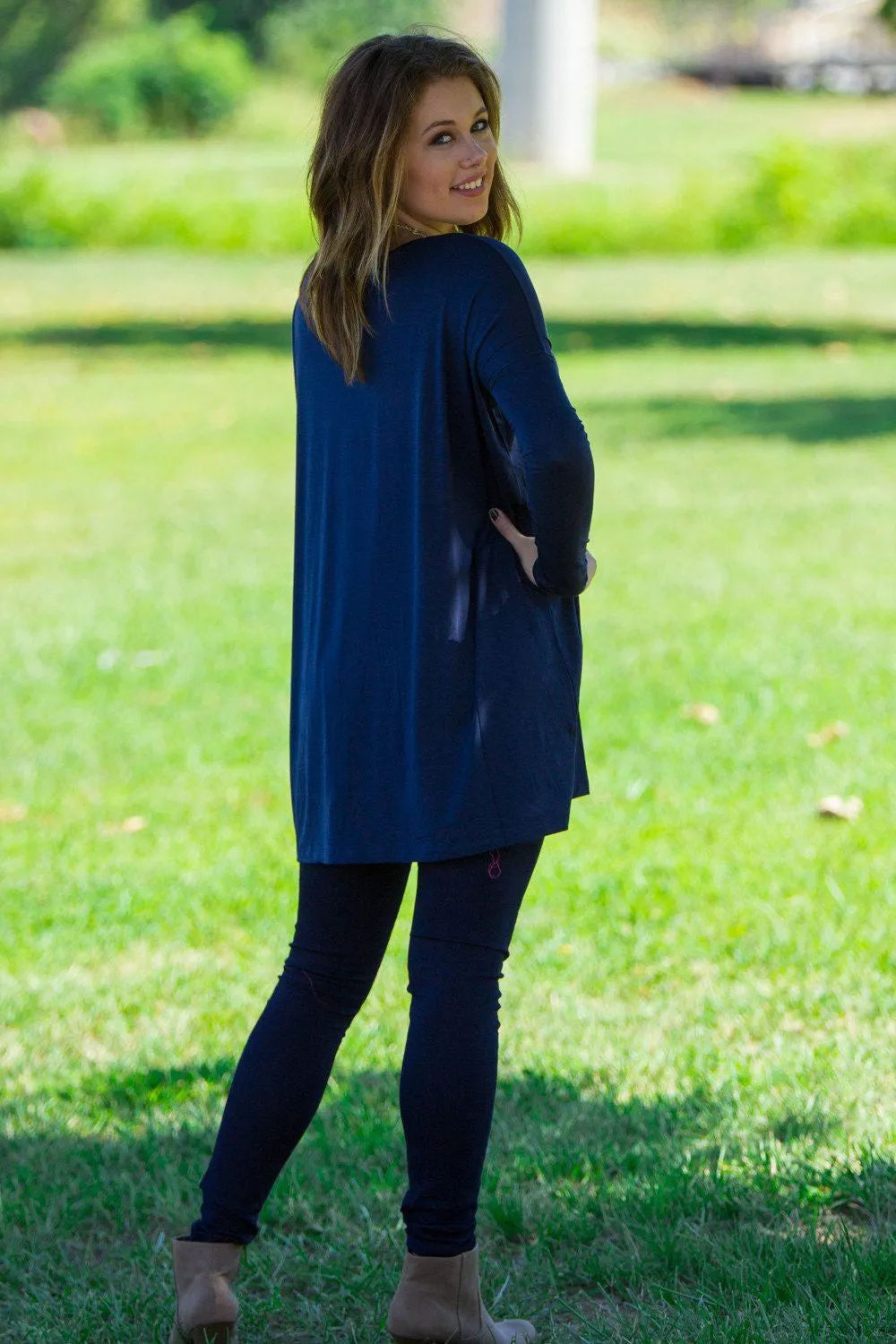 Long Sleeve V-Neck Piko Tunic - Navy