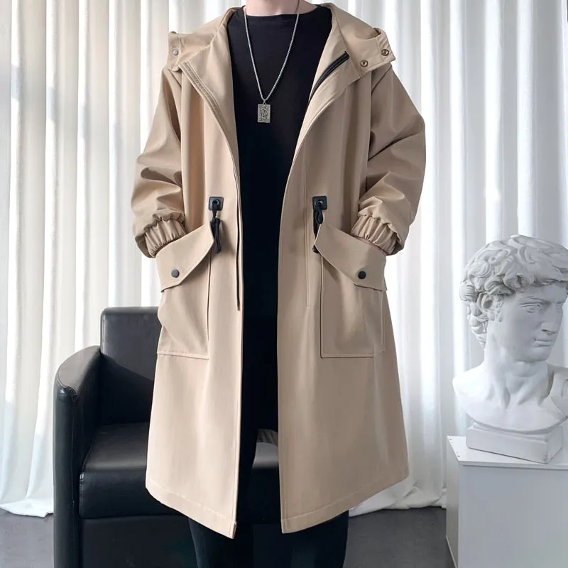 Long Trench Coat Jacket Men Cotton Autumn Spring Black Hip Hop Japanese Coats Streetwear Men&#39;s Hooded