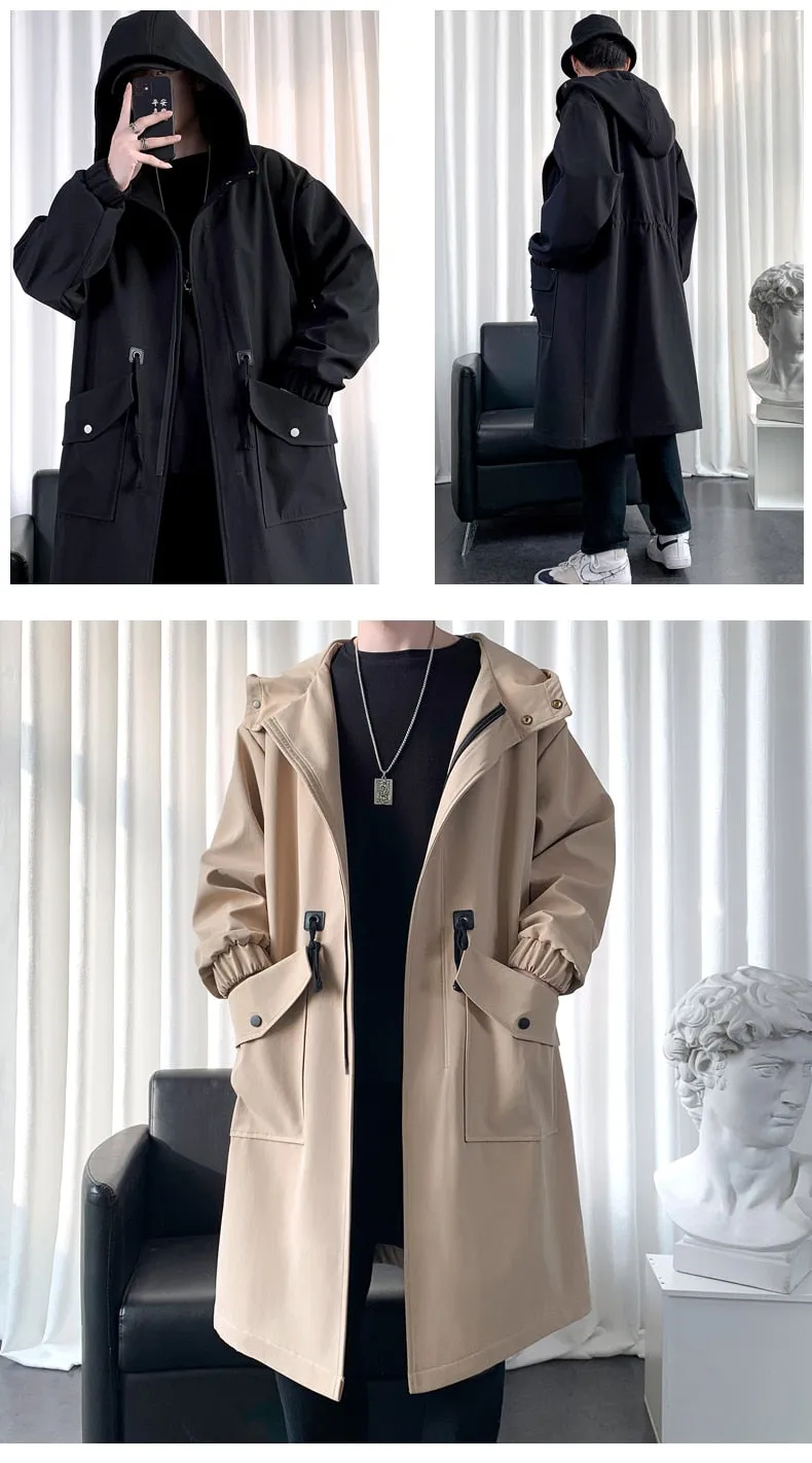 Long Trench Coat Jacket Men Cotton Autumn Spring Black Hip Hop Japanese Coats Streetwear Men&#39;s Hooded