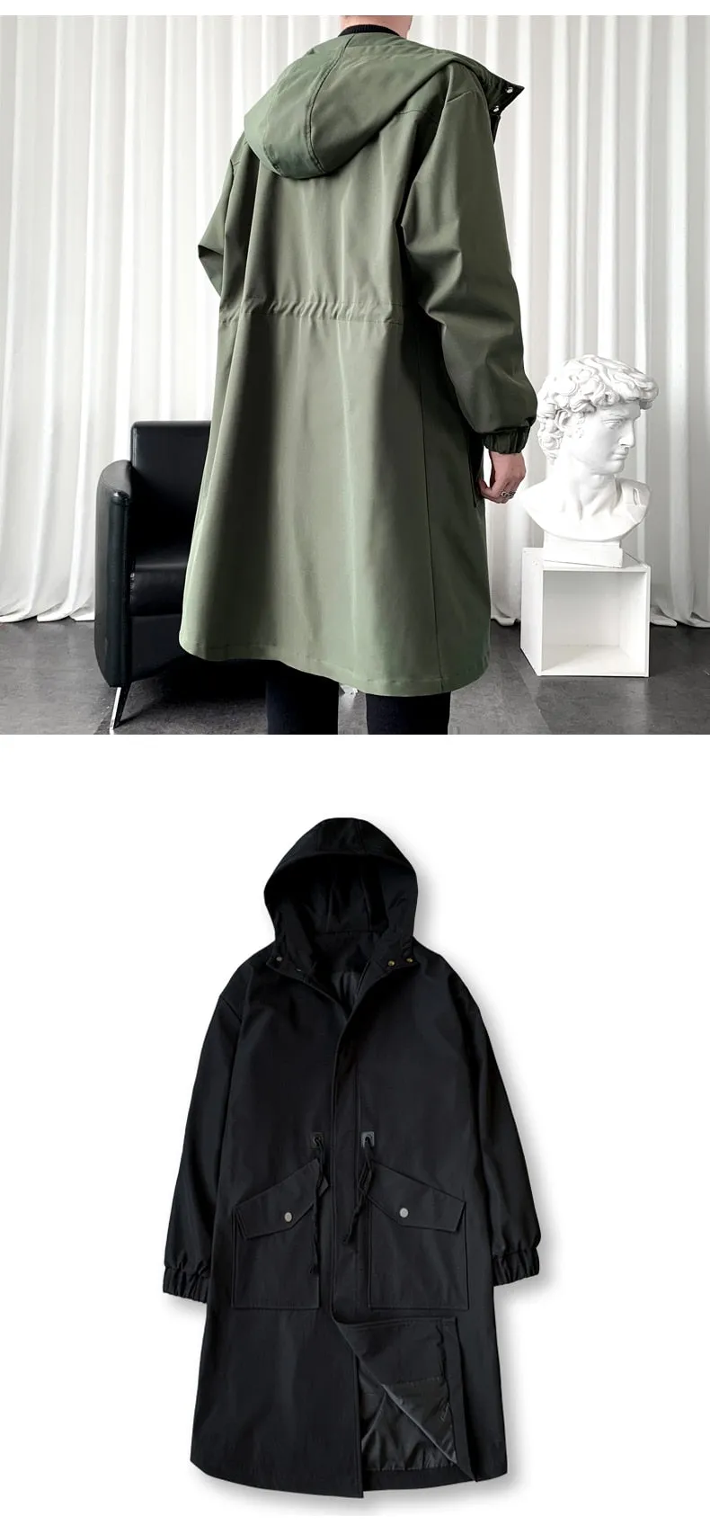 Long Trench Coat Jacket Men Cotton Autumn Spring Black Hip Hop Japanese Coats Streetwear Men&#39;s Hooded