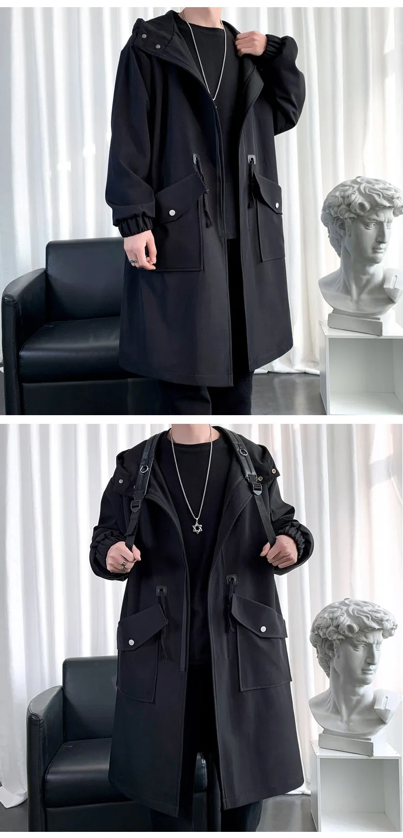 Long Trench Coat Jacket Men Cotton Autumn Spring Black Hip Hop Japanese Coats Streetwear Men&#39;s Hooded