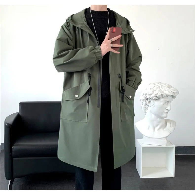 Long Trench Coat Jacket Men Cotton Autumn Spring Black Hip Hop Japanese Coats Streetwear Men&#39;s Hooded