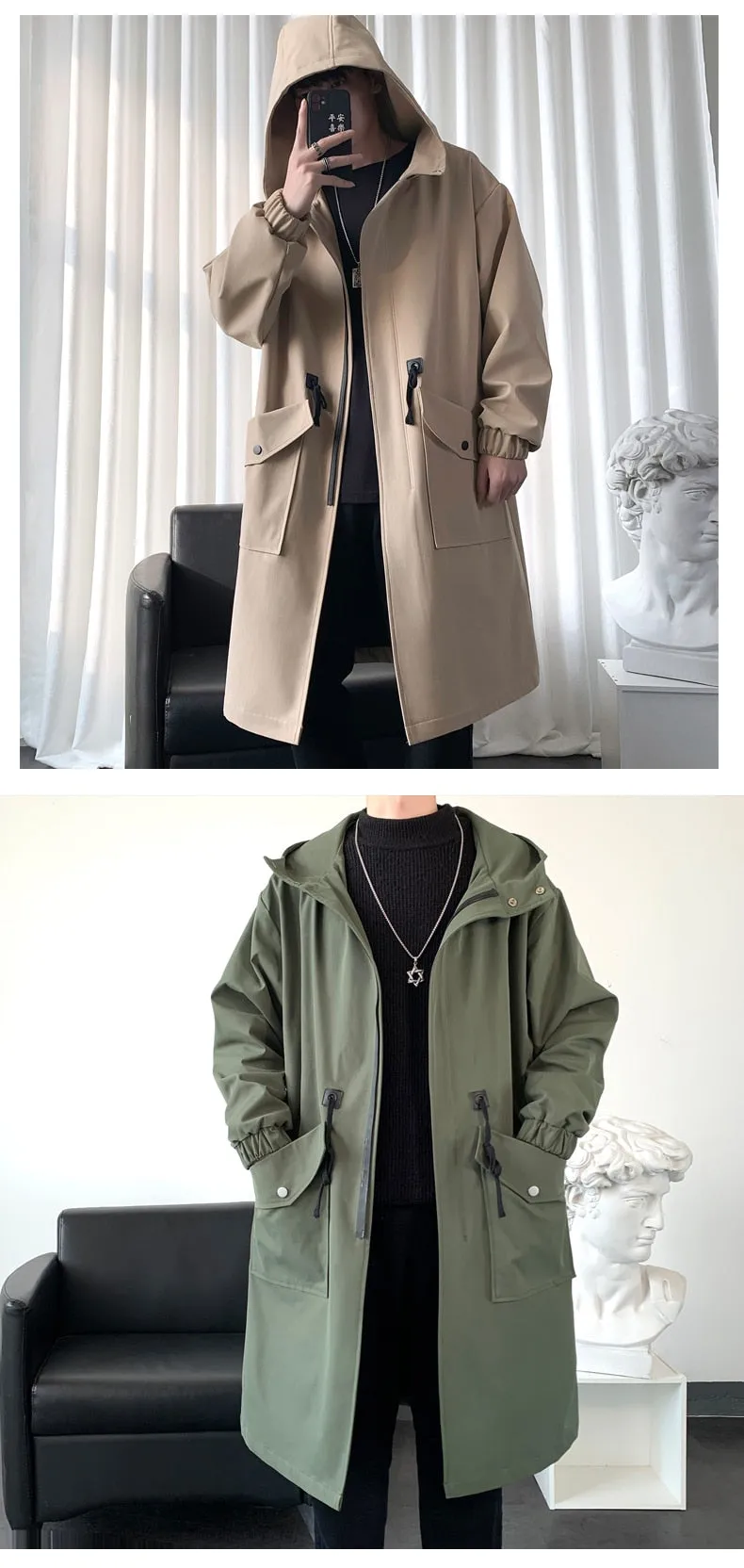 Long Trench Coat Jacket Men Cotton Autumn Spring Black Hip Hop Japanese Coats Streetwear Men&#39;s Hooded