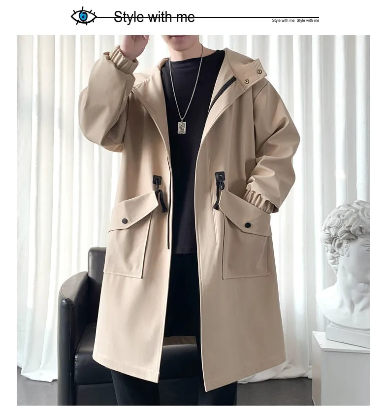 Long Trench Coat Jacket Men Cotton Autumn Spring Black Hip Hop Japanese Coats Streetwear Men&#39;s Hooded