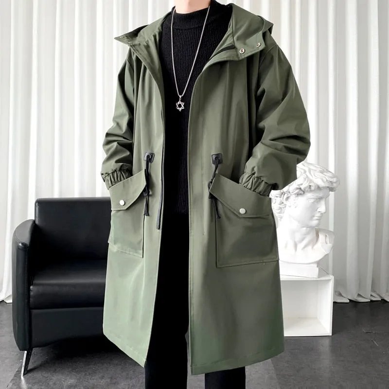 Long Trench Coat Jacket Men Cotton Autumn Spring Black Hip Hop Japanese Coats Streetwear Men&#39;s Hooded