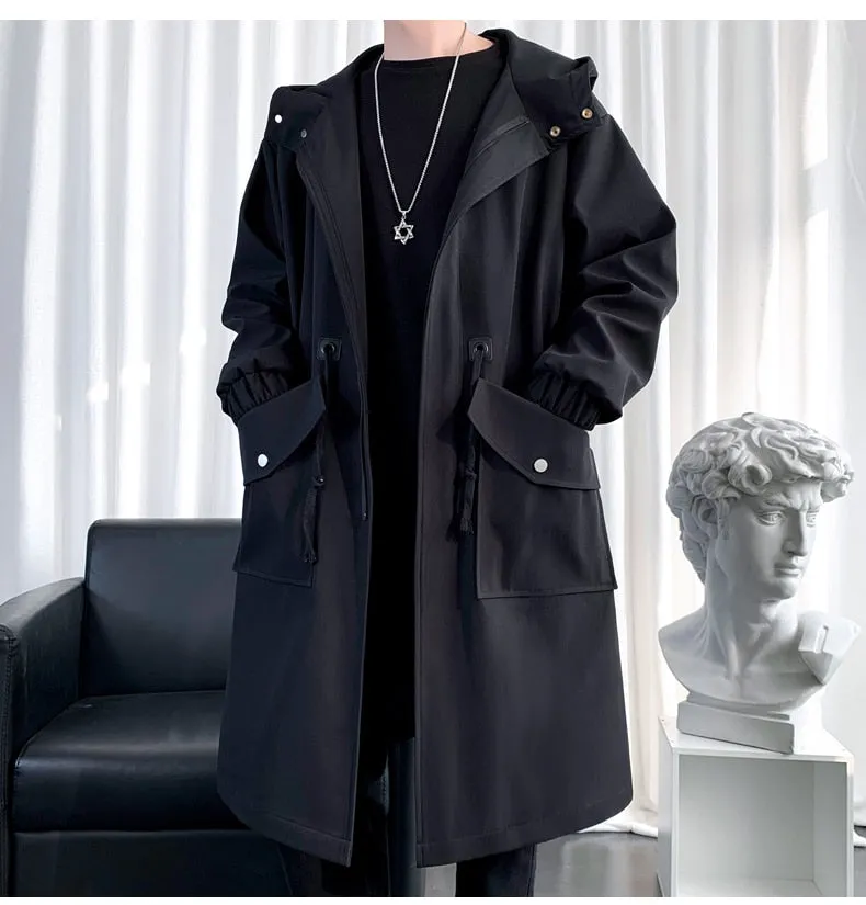 Long Trench Coat Jacket Men Cotton Autumn Spring Black Hip Hop Japanese Coats Streetwear Men&#39;s Hooded