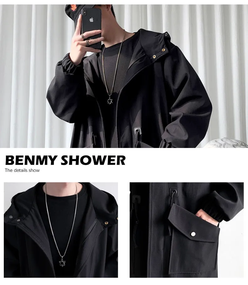 Long Trench Coat Jacket Men Cotton Autumn Spring Black Hip Hop Japanese Coats Streetwear Men&#39;s Hooded