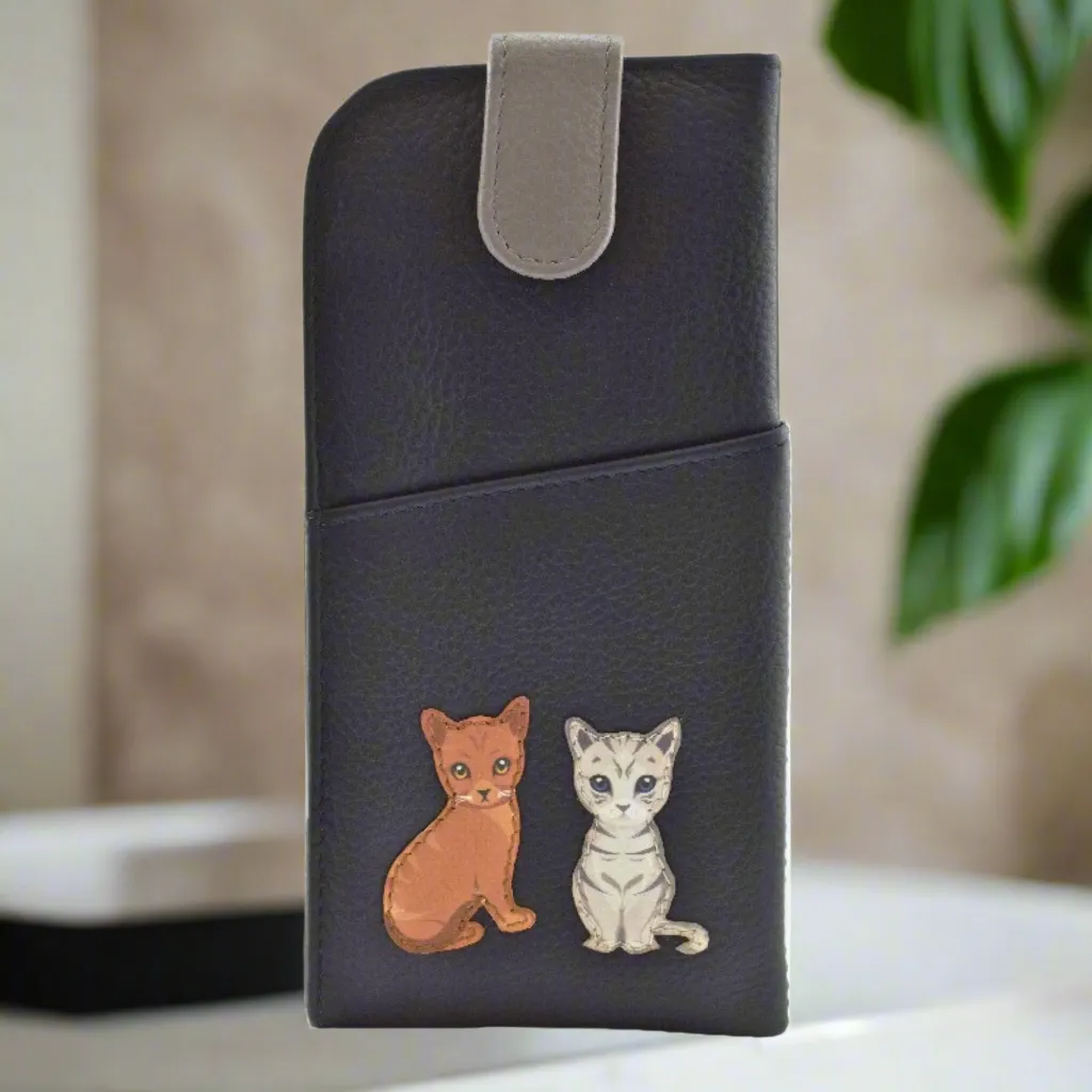 Mala Leather Best Friends Sitting Cats Glasses Case Navy