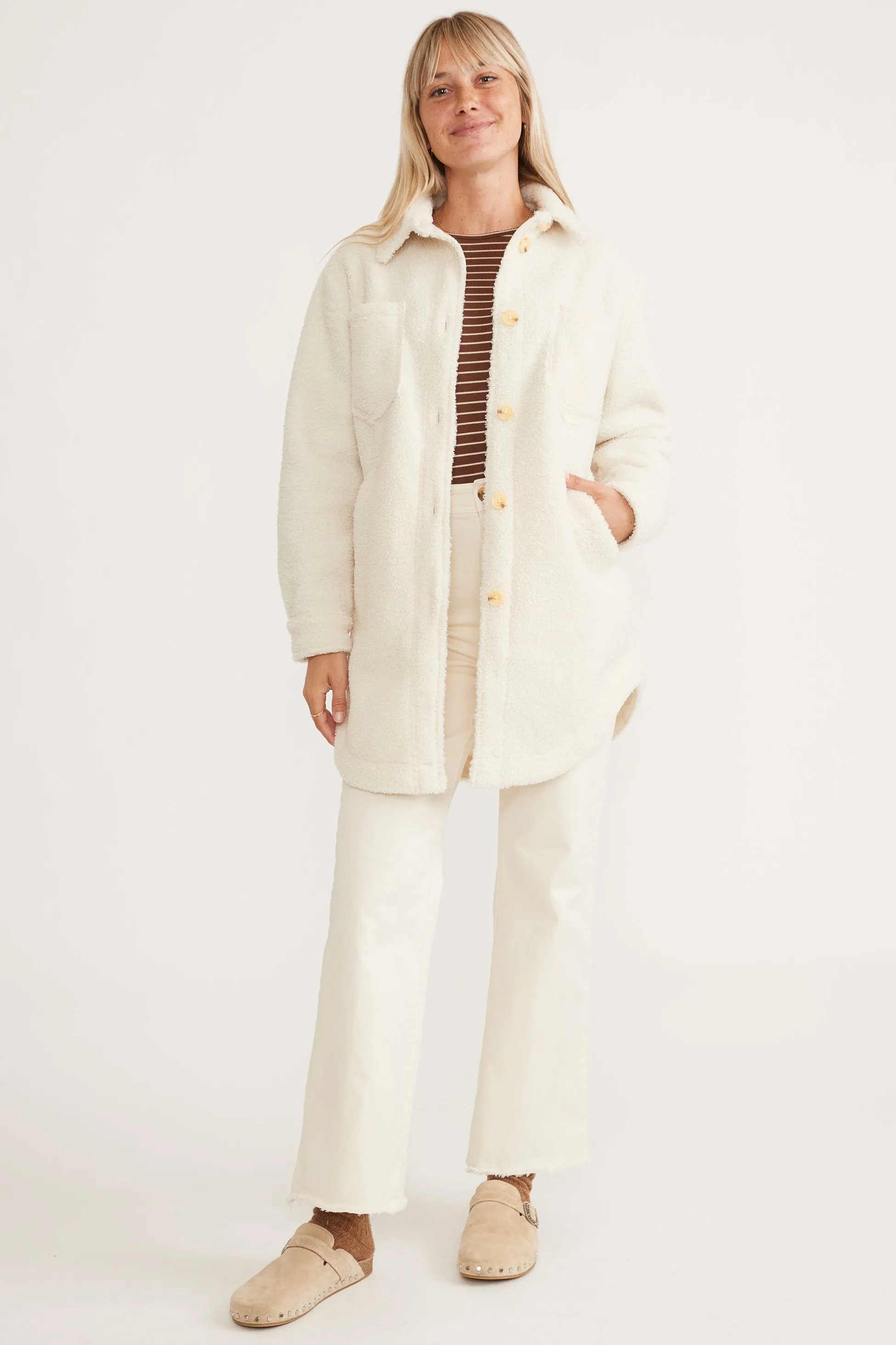 Marine Layer Bailey Long Shirt Jacket in Ivory