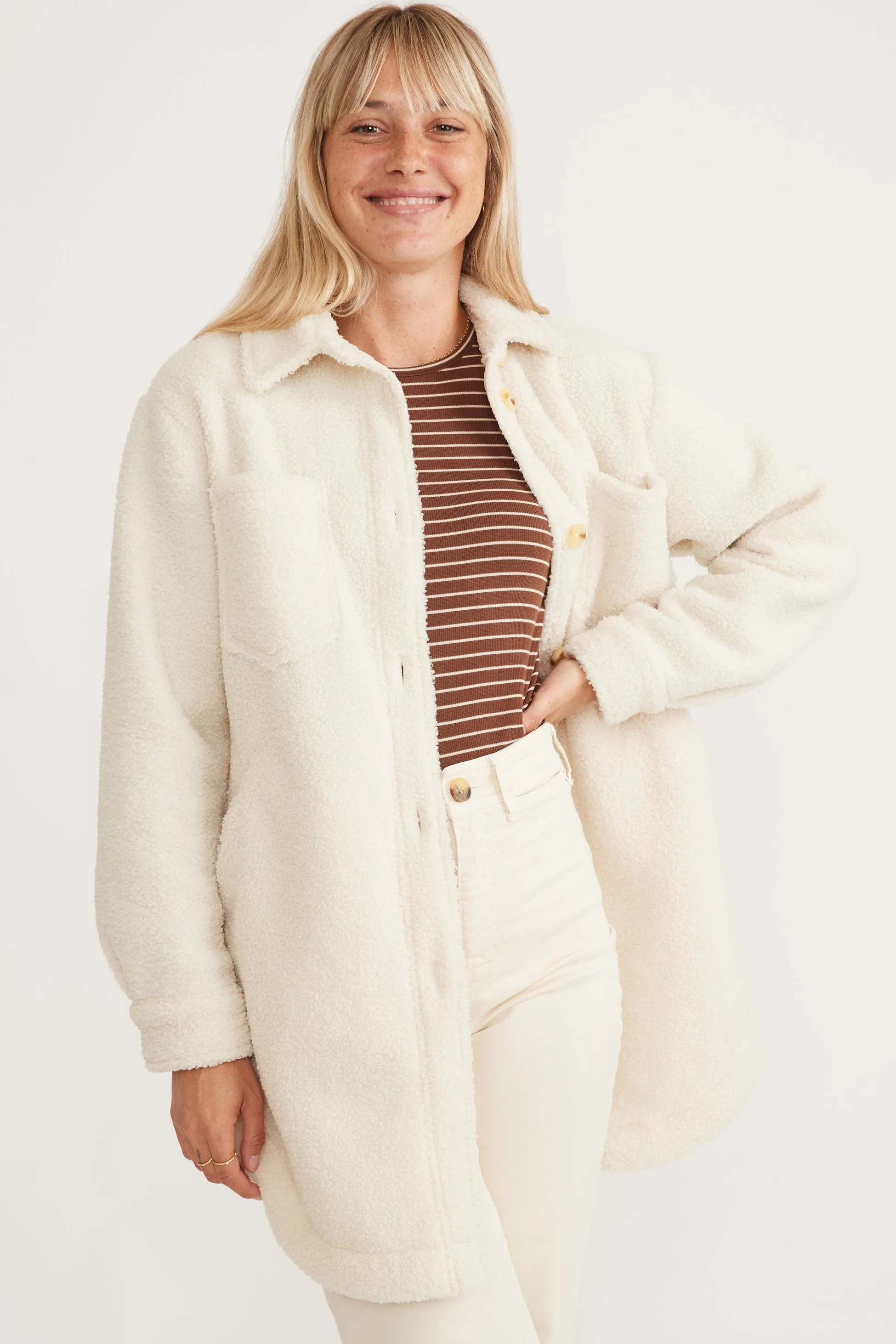 Marine Layer Bailey Long Shirt Jacket in Ivory