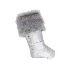 Matte Silver Puffer Christmas Stocking with Faux Fur