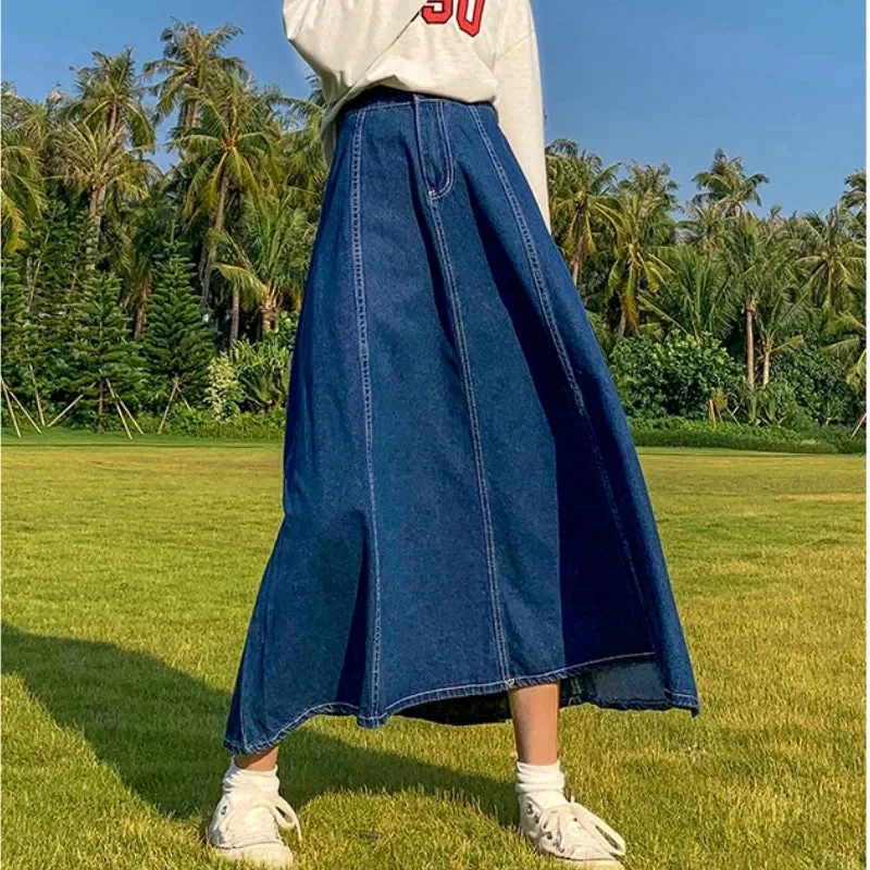 Maxi Long Skirts Women Spring Summer Casual High Waisted Jean Skirt Ladies Splicing A-Line Ruffle Denim Skirt Plus Size  5XL 6XL