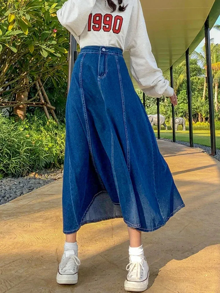 Maxi Long Skirts Women Spring Summer Casual High Waisted Jean Skirt Ladies Splicing A-Line Ruffle Denim Skirt Plus Size  5XL 6XL