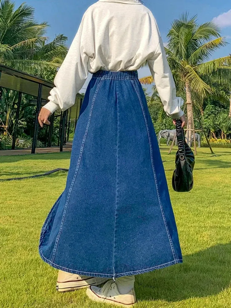 Maxi Long Skirts Women Spring Summer Casual High Waisted Jean Skirt Ladies Splicing A-Line Ruffle Denim Skirt Plus Size  5XL 6XL