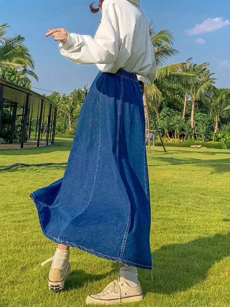 Maxi Long Skirts Women Spring Summer Casual High Waisted Jean Skirt Ladies Splicing A-Line Ruffle Denim Skirt Plus Size  5XL 6XL