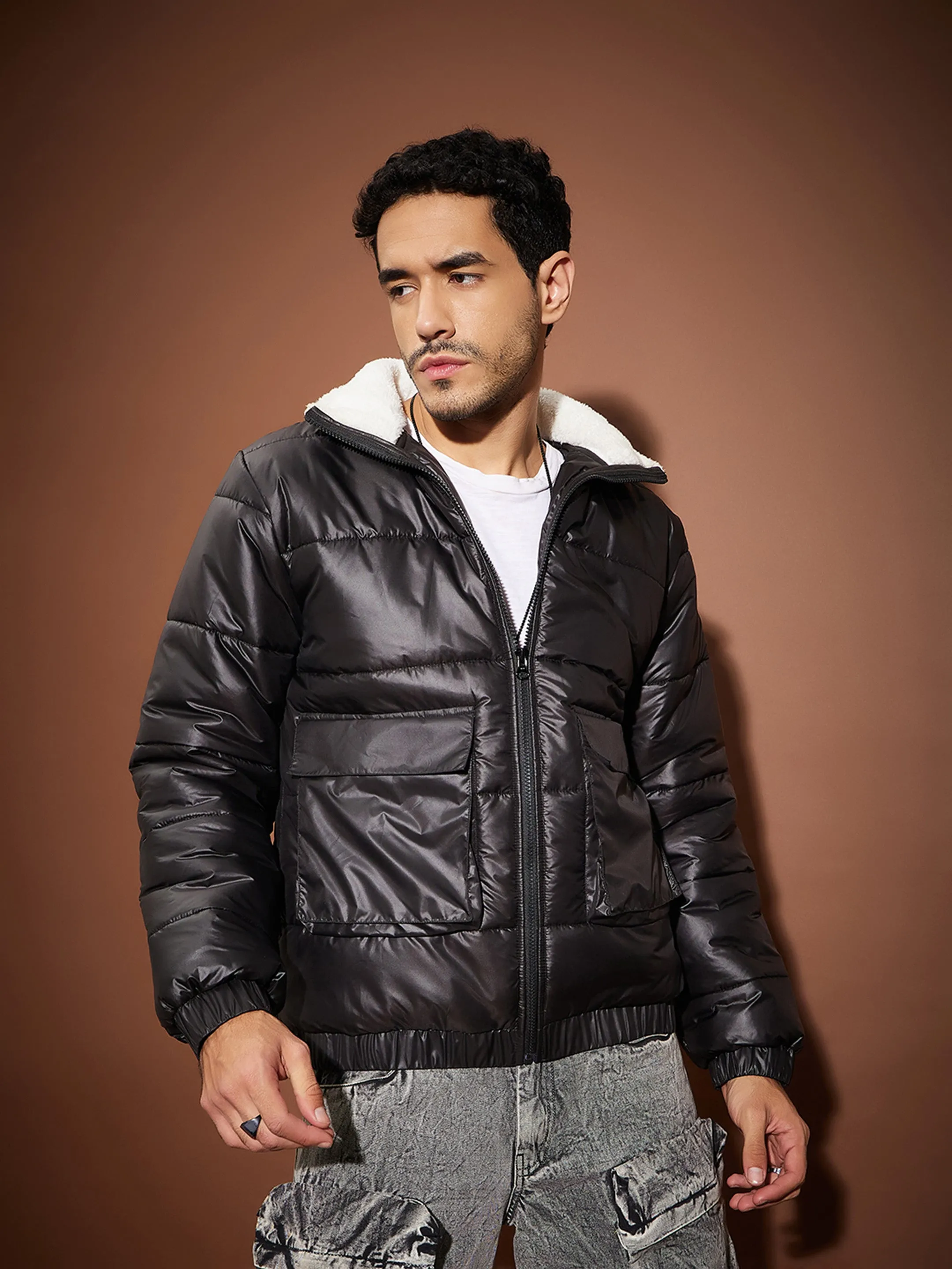 Men Black Front Pocket Puffer jacket