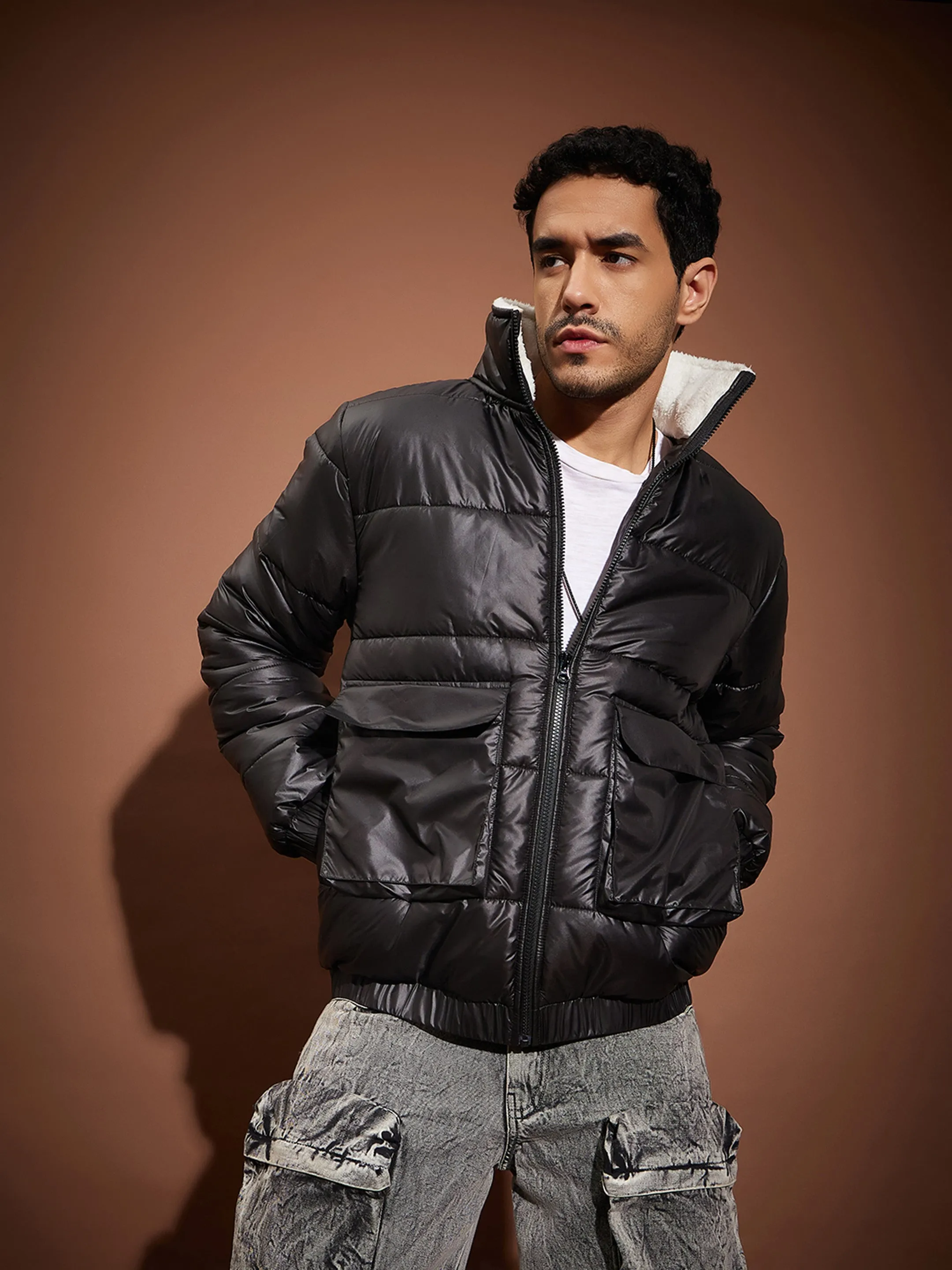 Men Black Front Pocket Puffer jacket