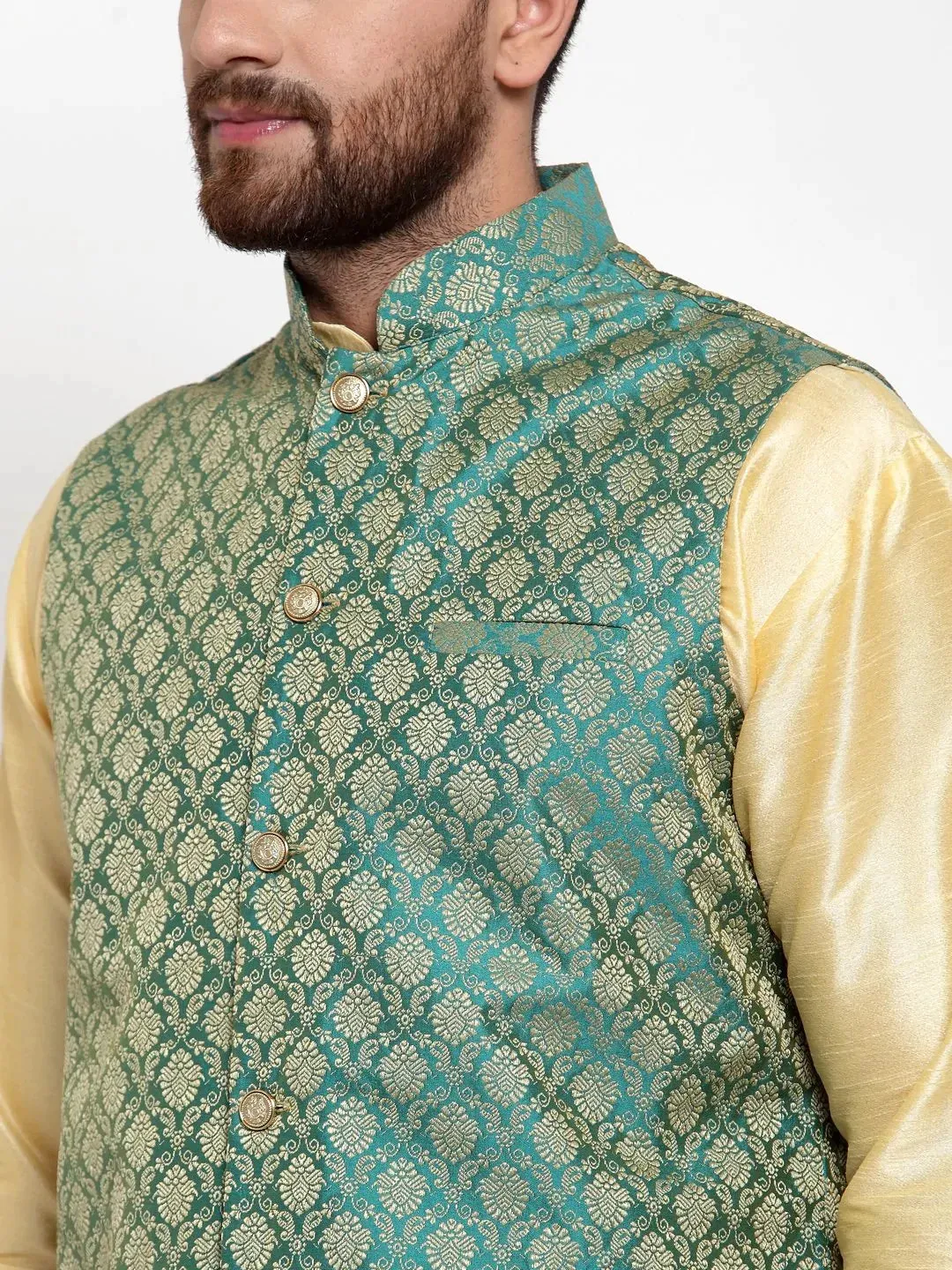 Men Green-Coloured & Golden Woven Design Nehru Jacket