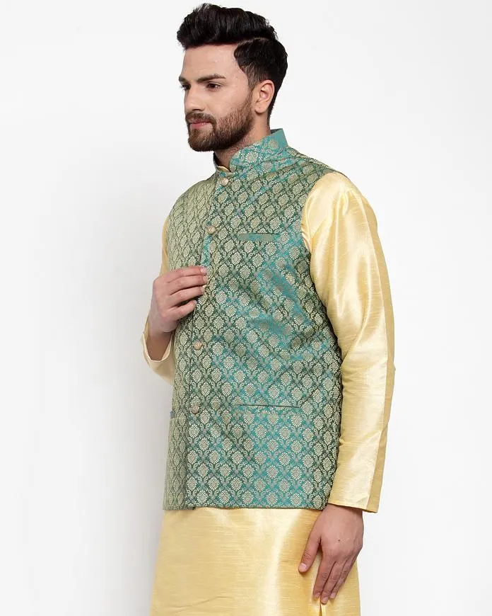 Men Green-Coloured & Golden Woven Design Nehru Jacket