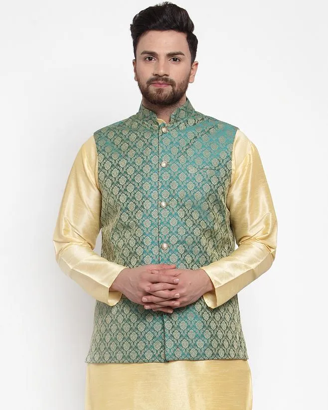 Men Green-Coloured & Golden Woven Design Nehru Jacket