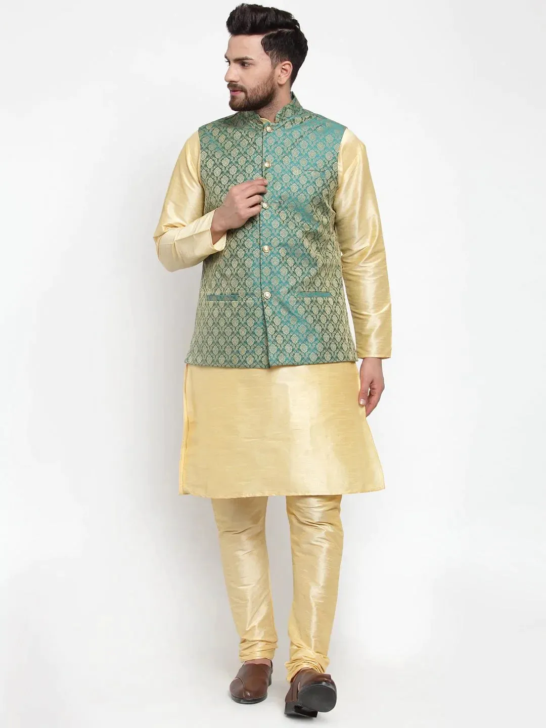 Men Green-Coloured & Golden Woven Design Nehru Jacket