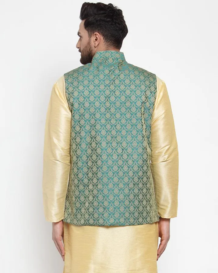 Men Green-Coloured & Golden Woven Design Nehru Jacket