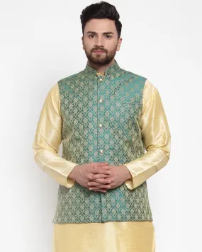 Men Green-Coloured & Golden Woven Design Nehru Jacket