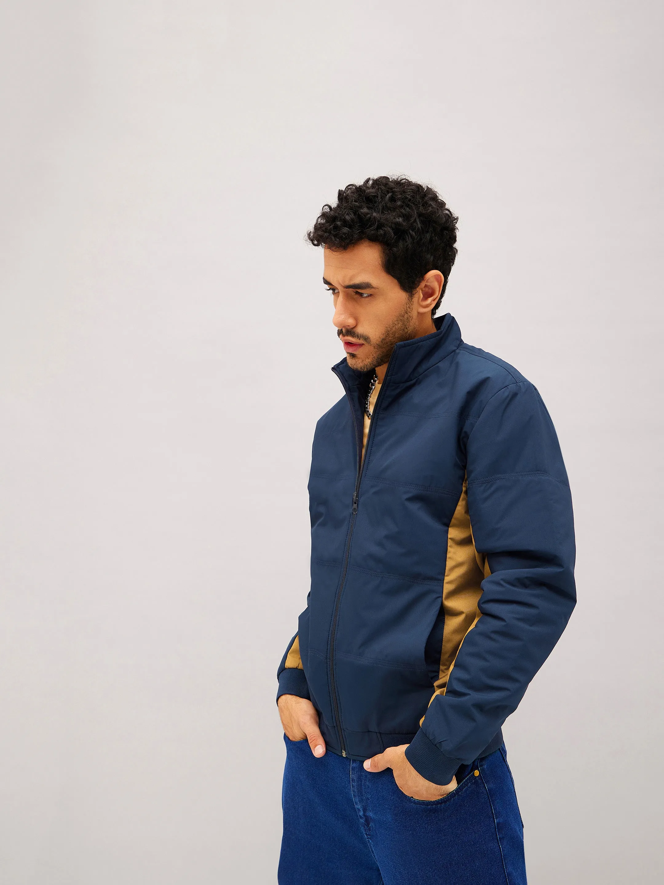 Men Navy & Khaki Color Block Biker Jacket