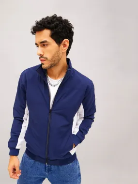 Men Navy & White Color Block Biker Jacket