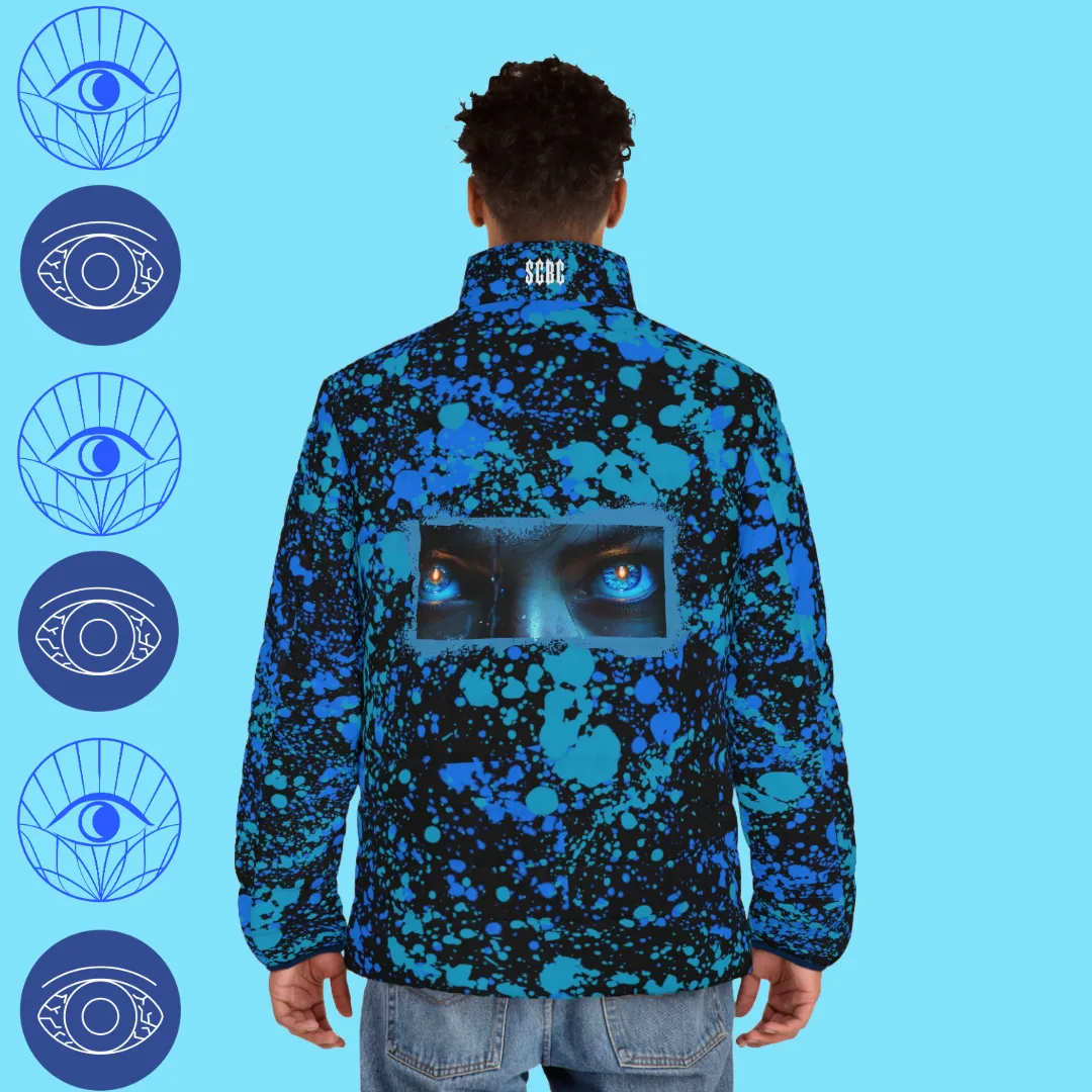 Men' s SCBC "Peering Eyes" Puffer Jacket (AOP). Puffer Jacket, Spring, Men's Clothes, Warm Jacket, Lightweight, Art, Graphic Design