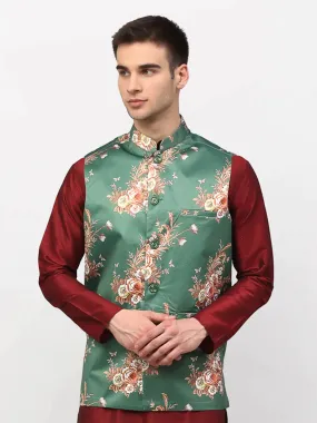 Men'S Green Printed Nehru Jacket