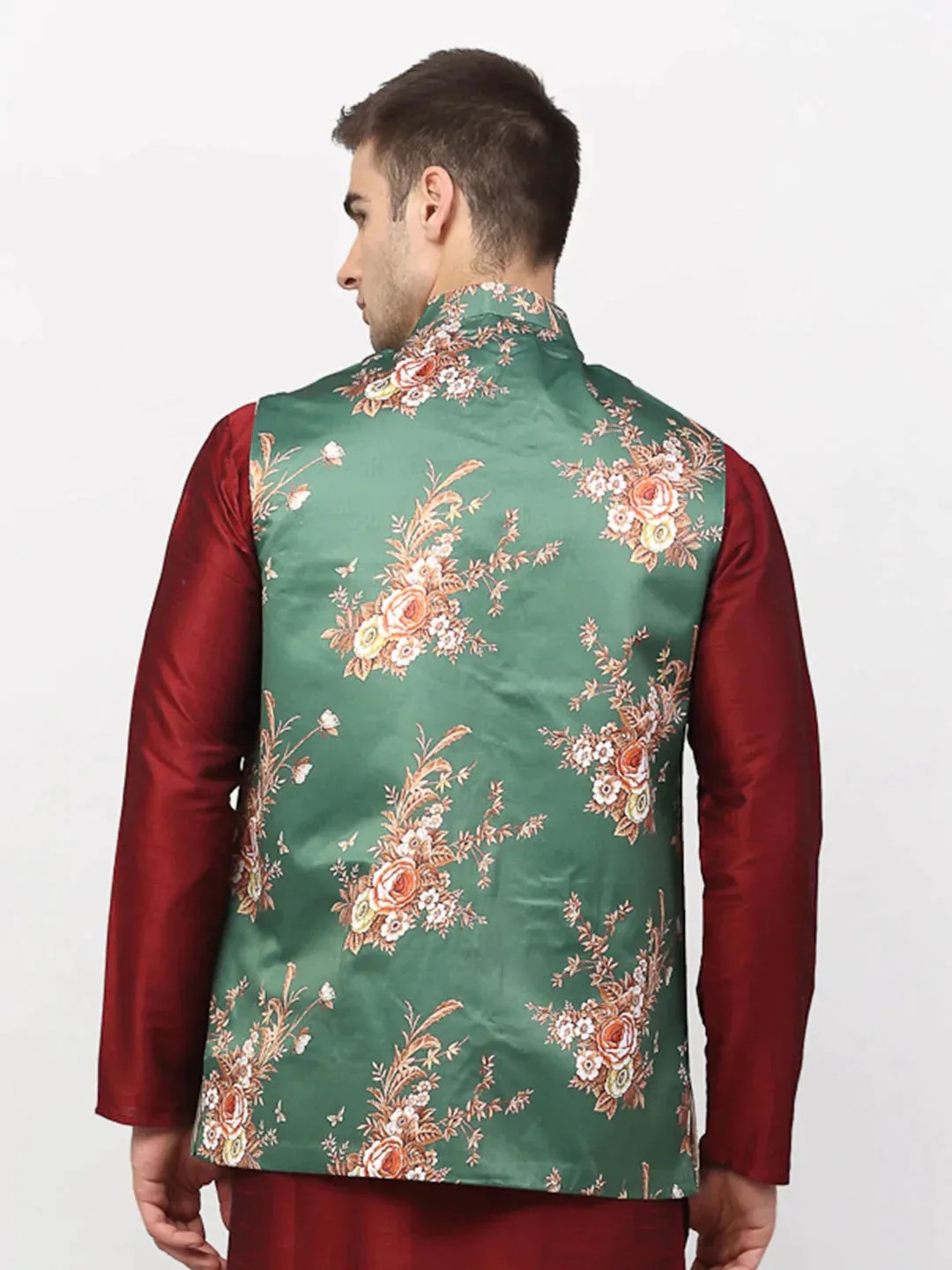 Men'S Green Printed Nehru Jacket