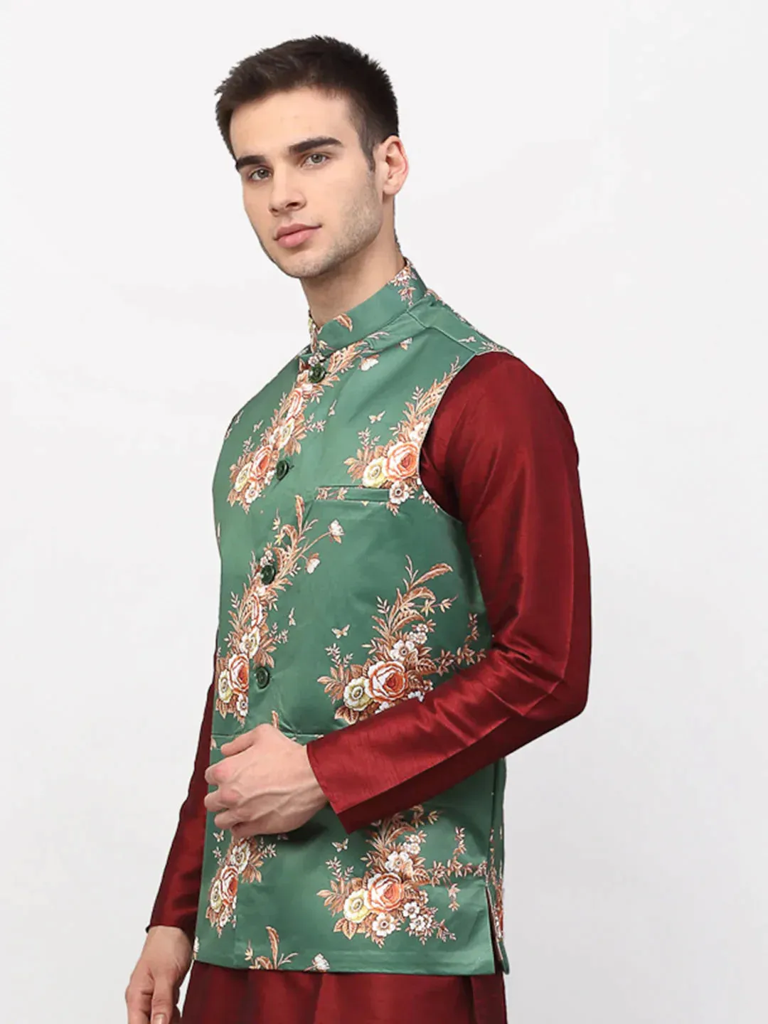 Men'S Green Printed Nehru Jacket