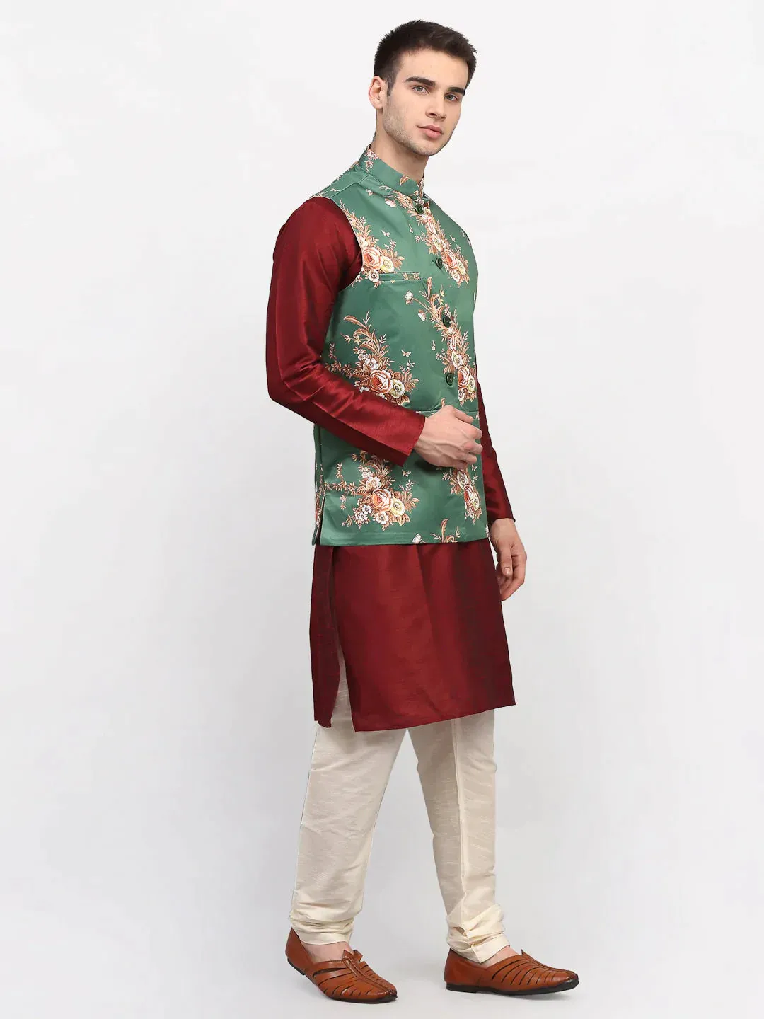 Men'S Green Printed Nehru Jacket