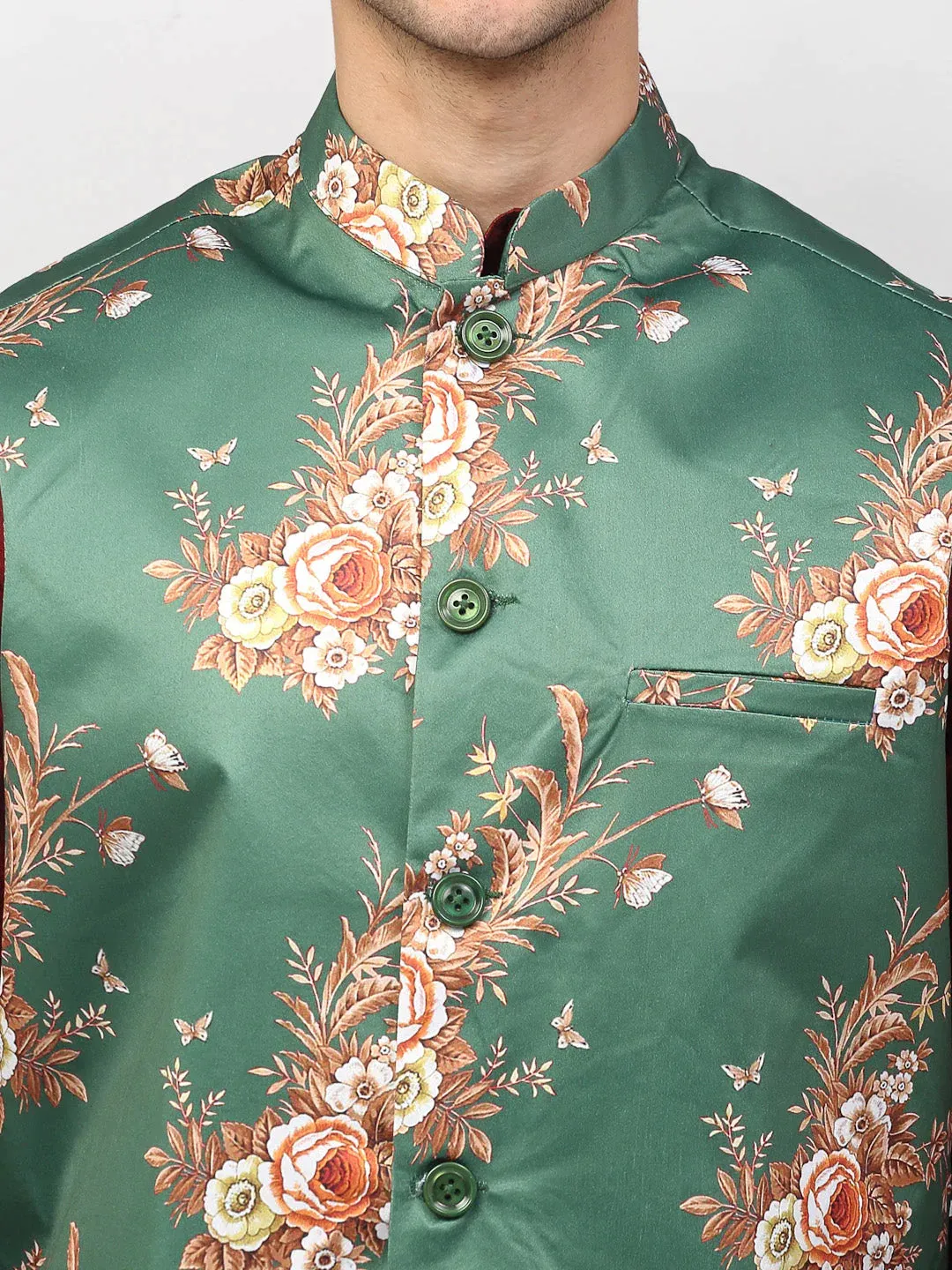 Men'S Green Printed Nehru Jacket