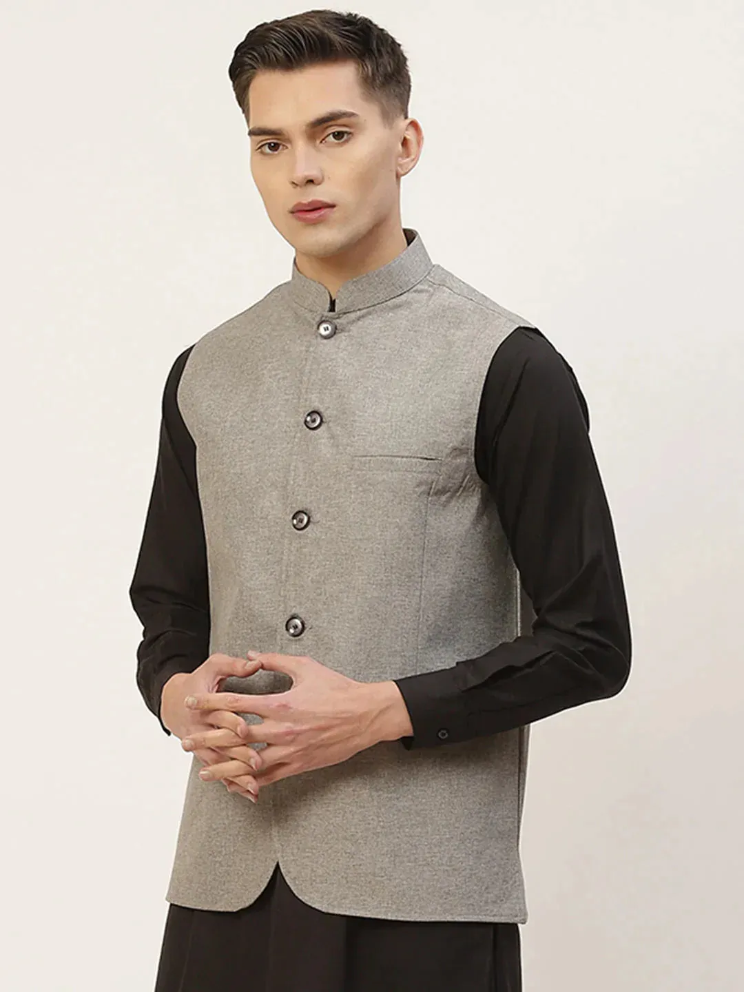 Men'S Grey Solid Nehru Jacket