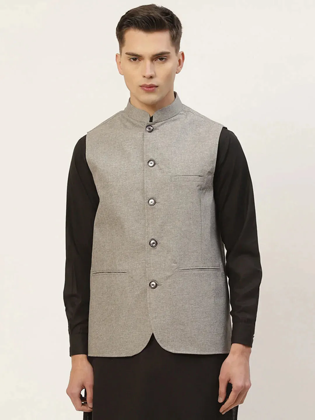 Men'S Grey Solid Nehru Jacket