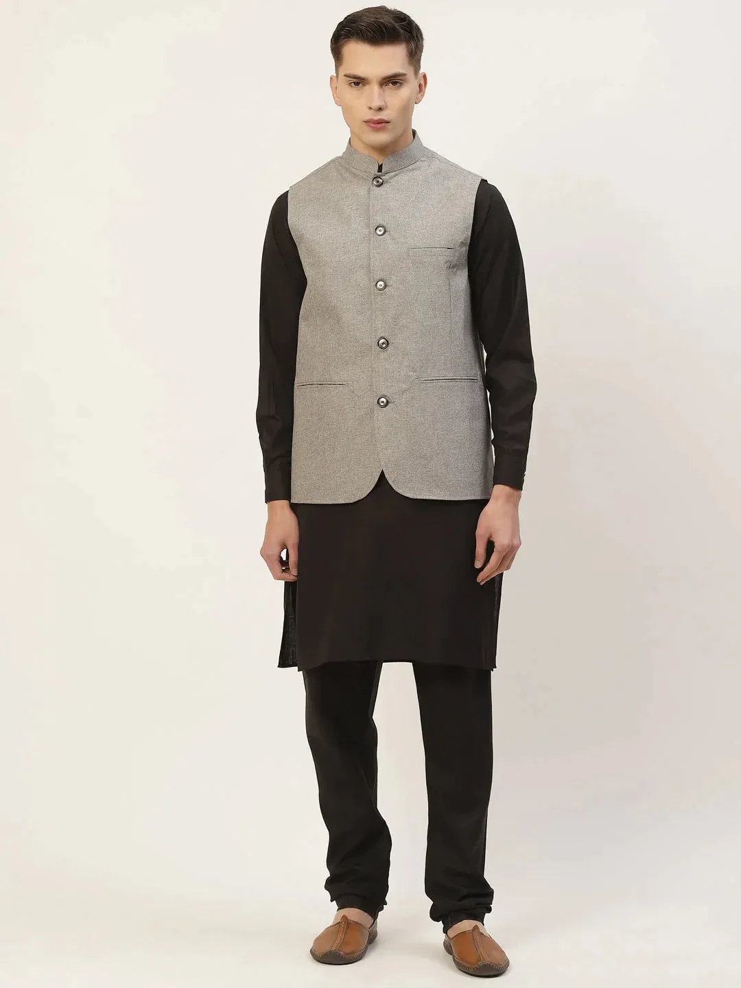 Men'S Grey Solid Nehru Jacket