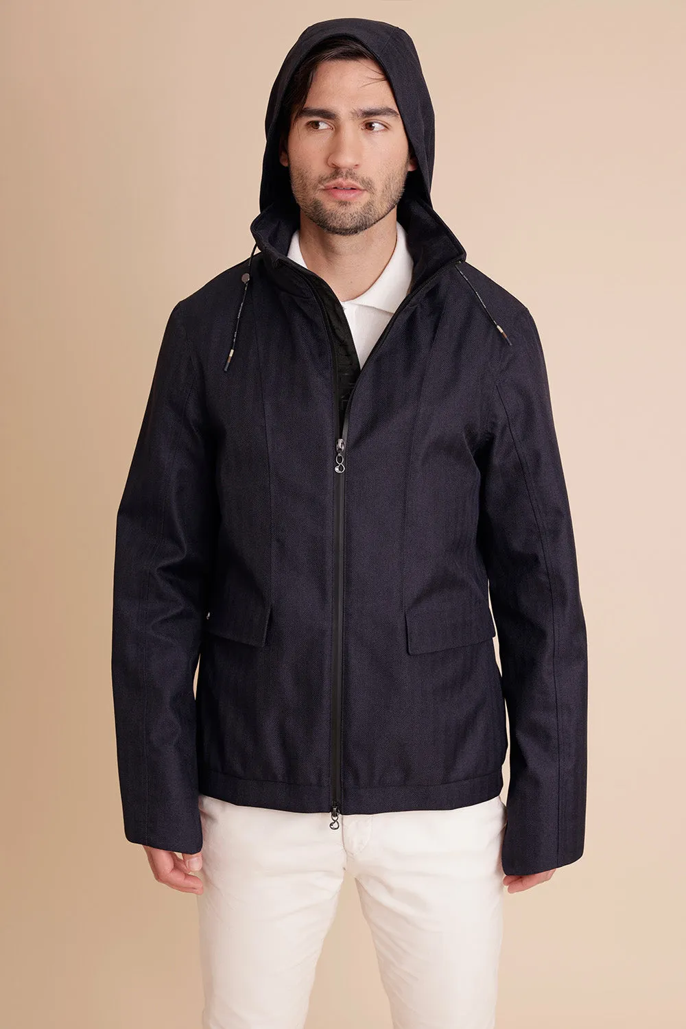 Mens Short Waterproof Trench - Navy Herringbone