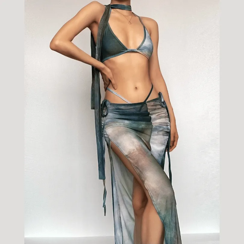 Mesh tie dye halter self tie backless ruched slit maxi skirt set