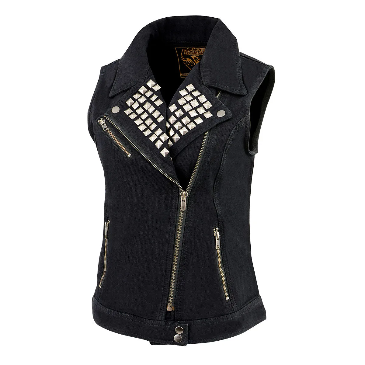 Milwaukee Leather MDL4030 Women's Black Denim Zipper Front Motorcycle Vest with Studded Spikes